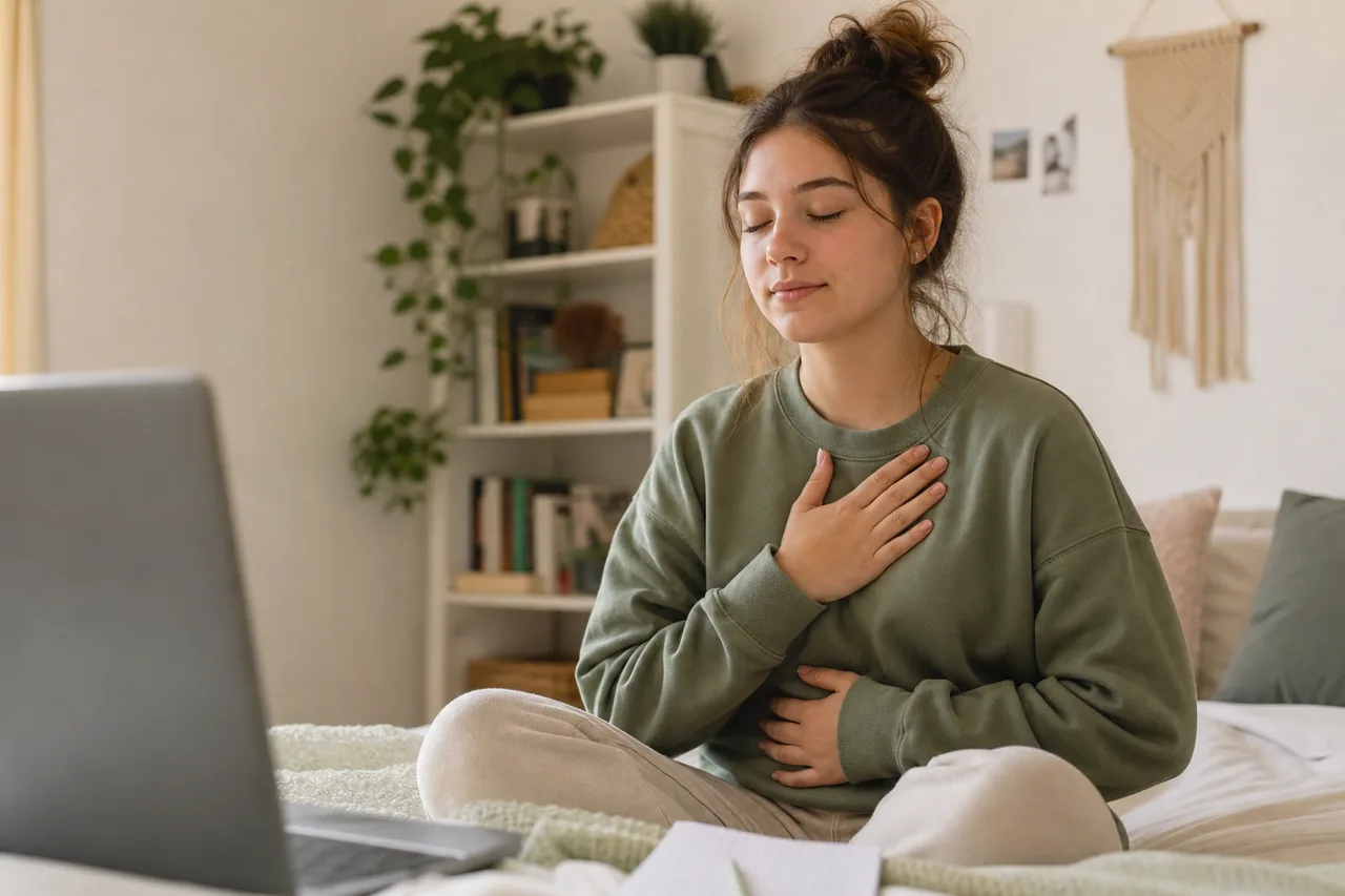 Teen working through anxiety coping skills in a virtual therapy session at home