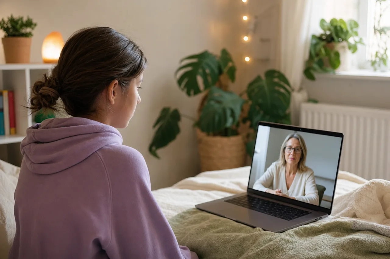 Teen in a calm virtual trauma therapy session with a trauma-informed clinician
