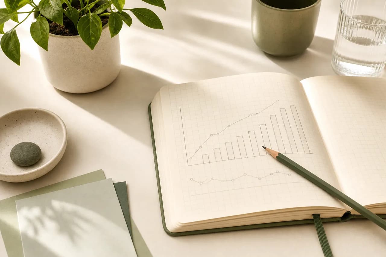 Structured clinical notebook on a warm cream desk — symbolizing thoughtful, measurement-based progress tracking without promotional statistics
