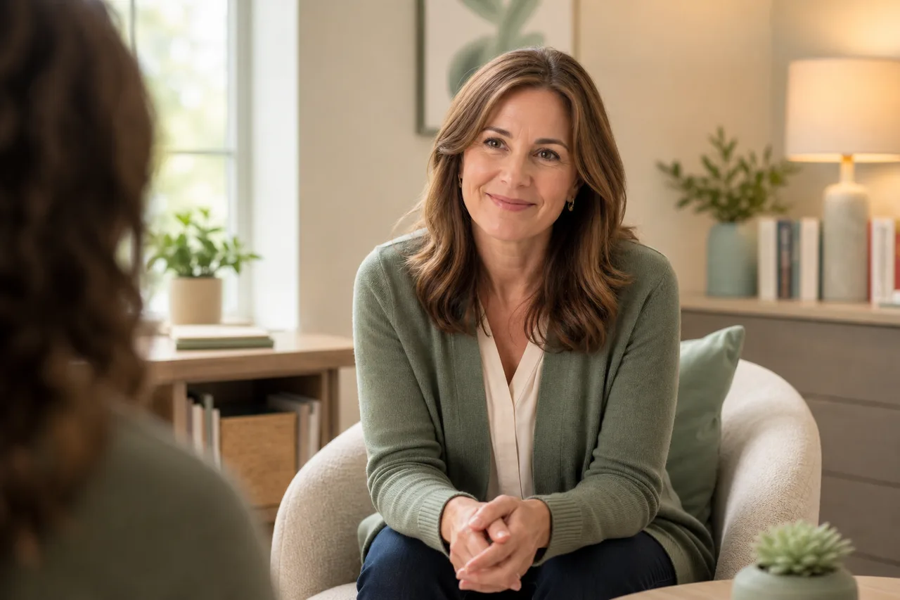 Warm, approachable clinician in a bright home-office setting — representing compassionate virtual teen mental health care