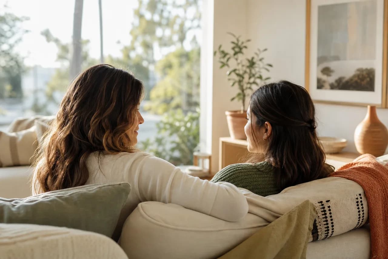 Parent and teen sitting together in a sunlit living room — family-centered recovery at home