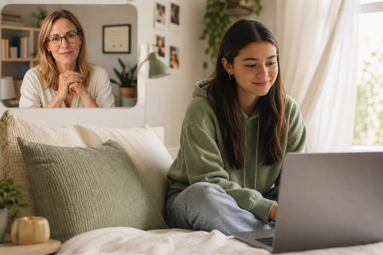 Teen participating in a calm, clinician-led virtual therapy session from home with warm natural light