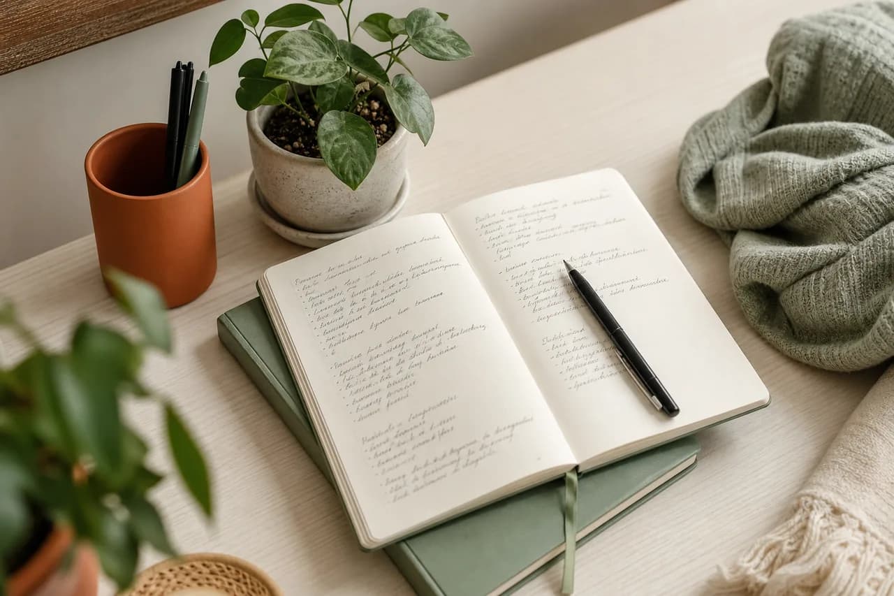 Clinician session notes and planning materials on a warm cream desk — symbolizing structured, measurement-based teen treatment