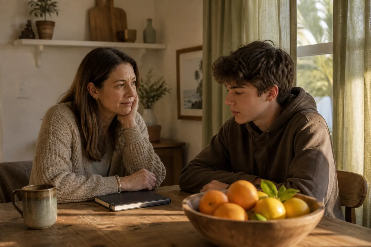 Parent and teen sitting together at a kitchen table in late afternoon light after a difficult week