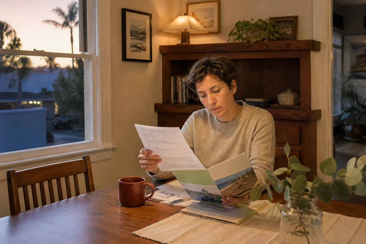 Parent reviewing a printed after-discharge checklist at a dining table in evening light