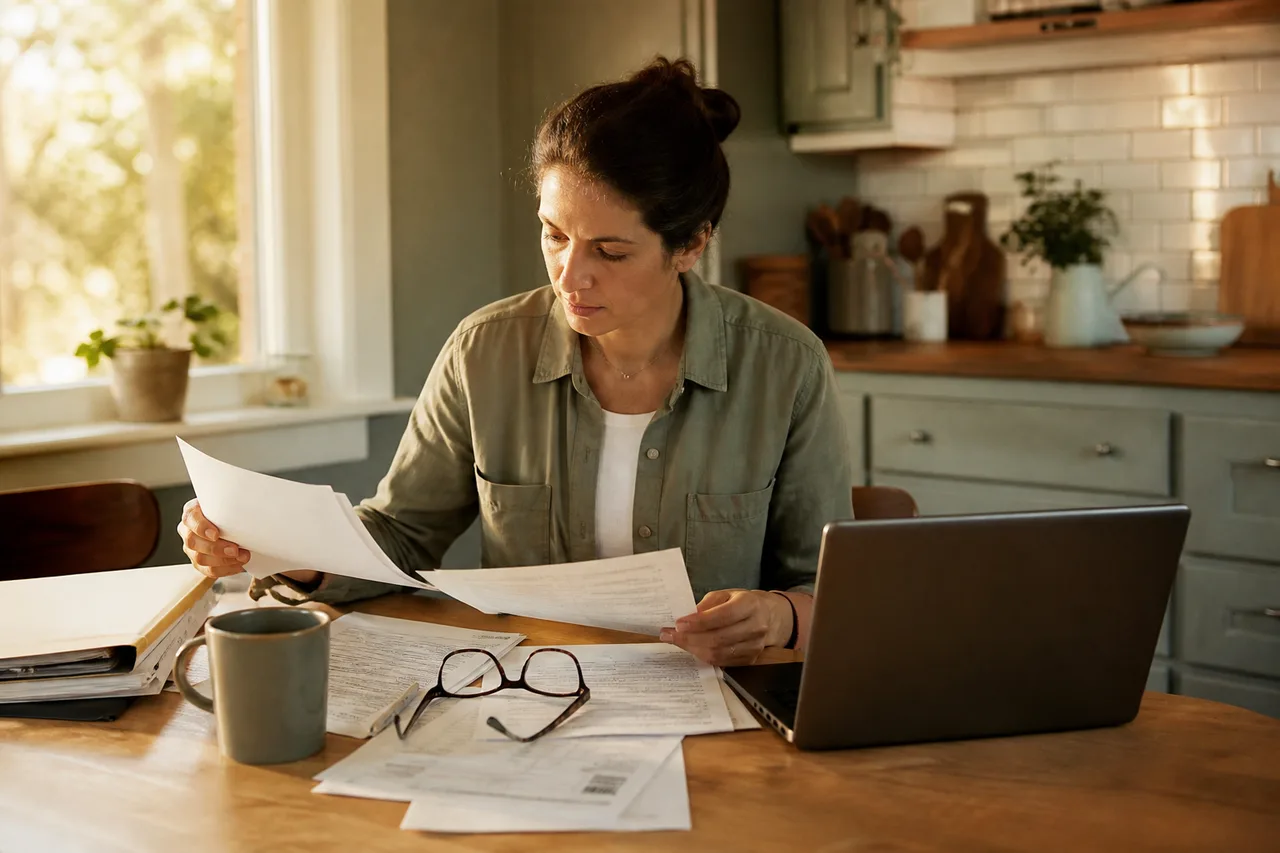 Parent reviewing insurance documents beside a laptop at a kitchen table in warm light
