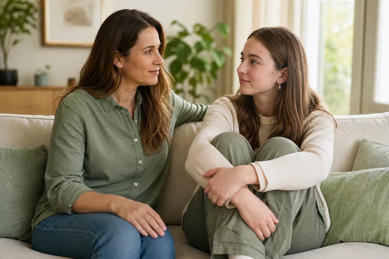 Parent offering calm support to a teen at home during a difficult moment