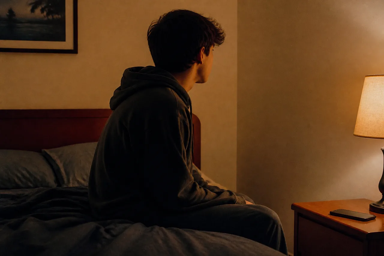 Teen sitting on the edge of a bed at night with a face-down phone on the nightstand