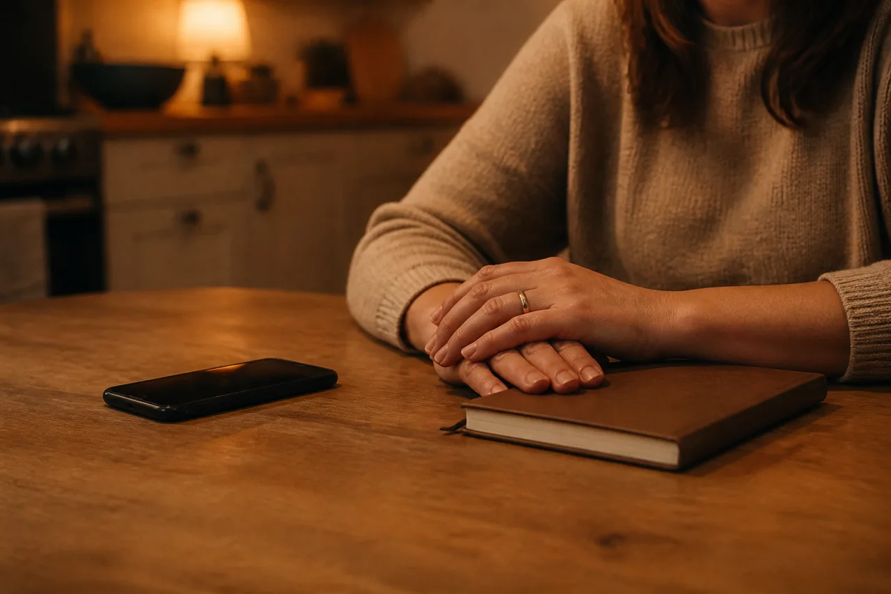 Parent's hands beside a face-down phone and a closed notebook on a kitchen table at night