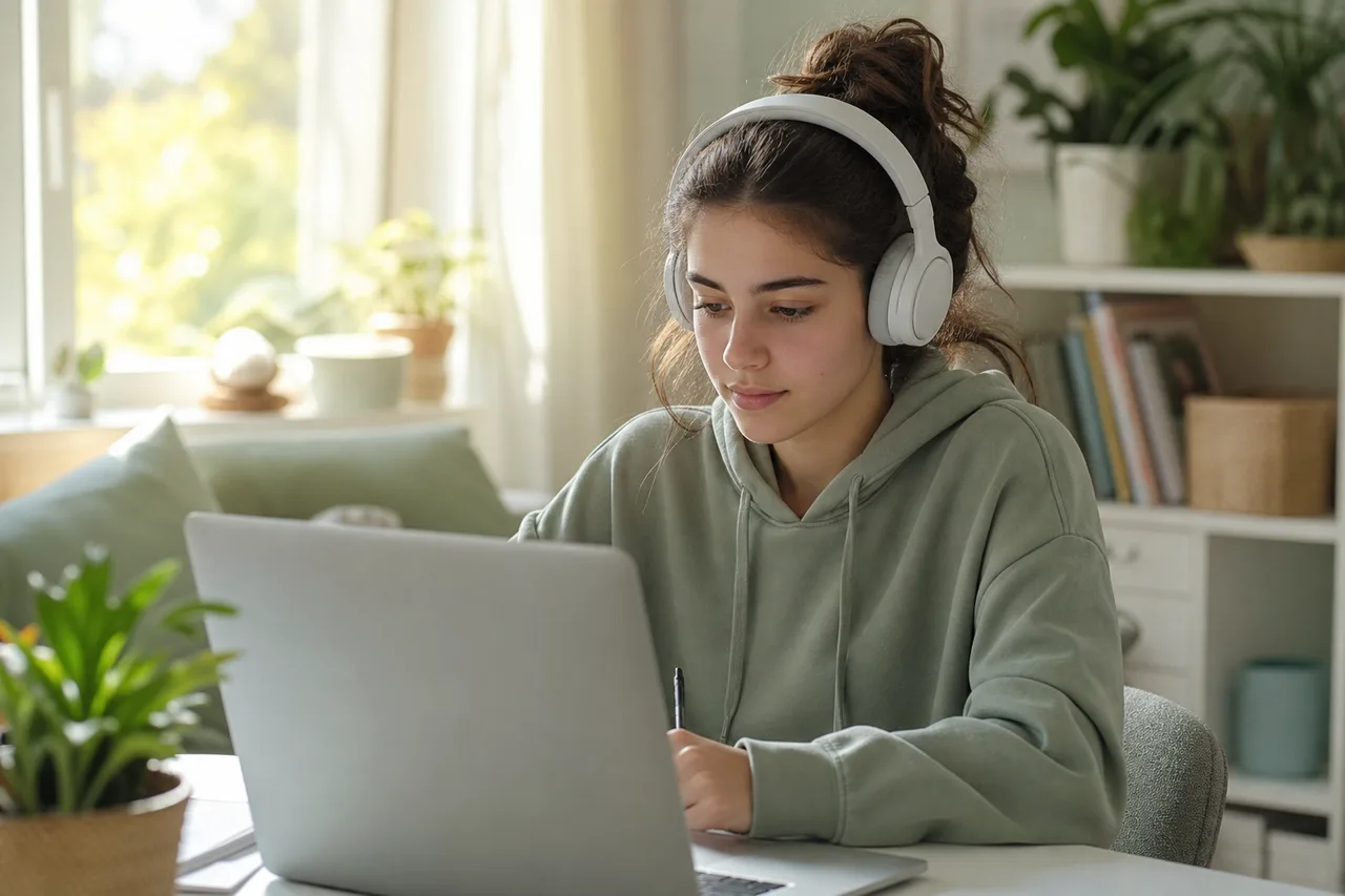 Teen attending a virtual IOP therapy session on a laptop in a quiet home setup with natural light