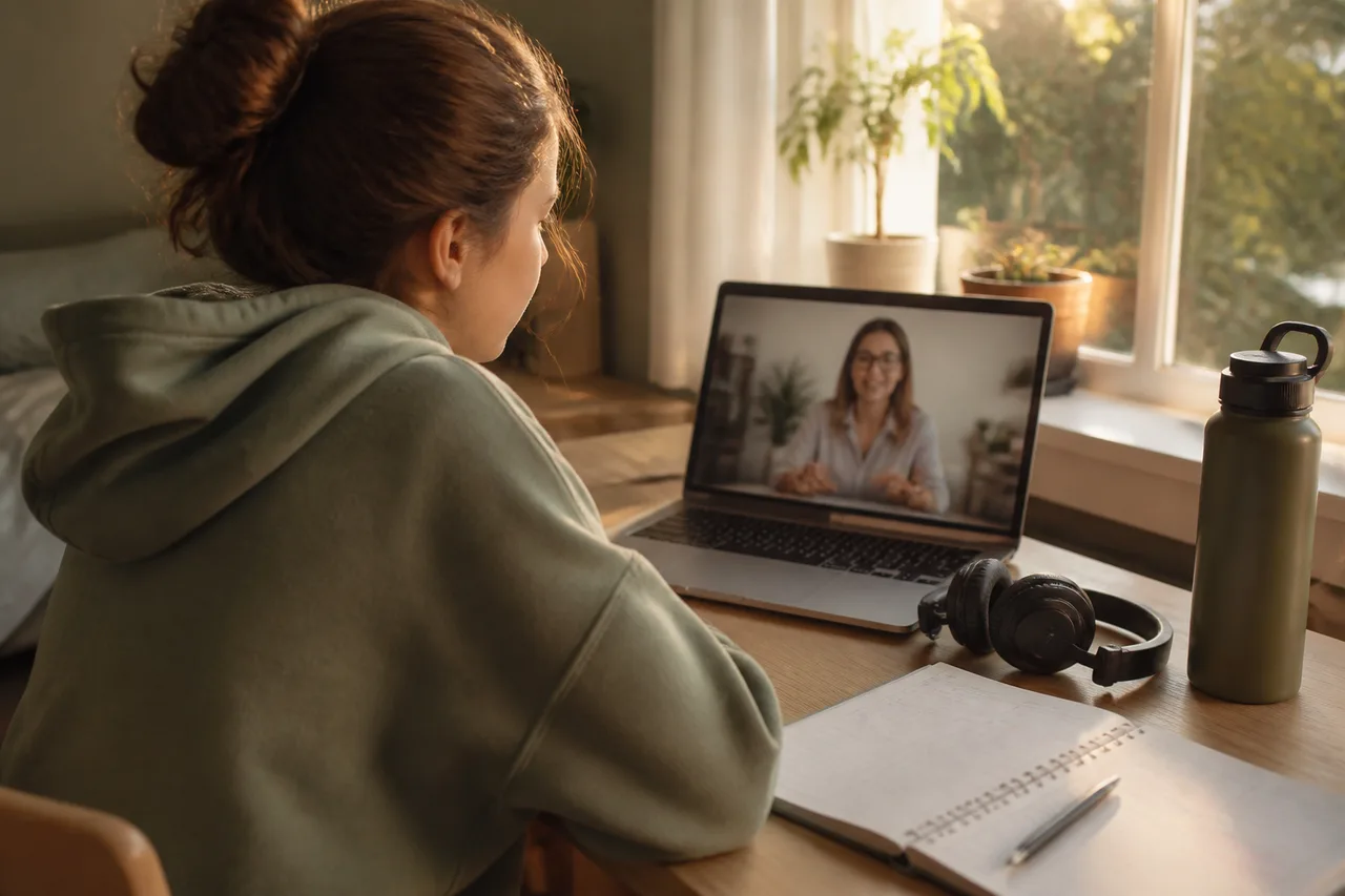 Private virtual therapy setup with laptop, headphones, and weekly planner on a home desk