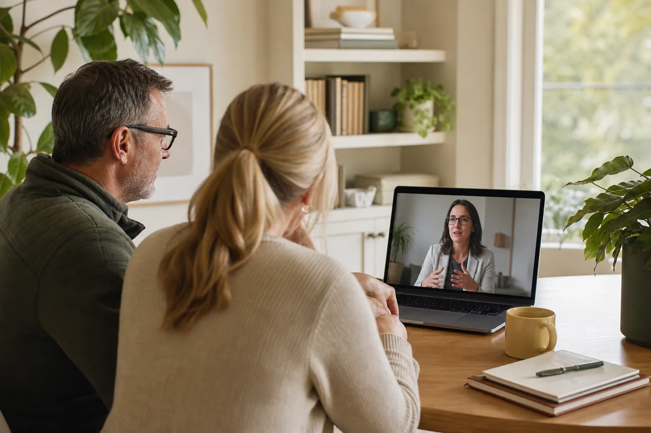 Parent and clinician reviewing level-of-care options together during a virtual consultation