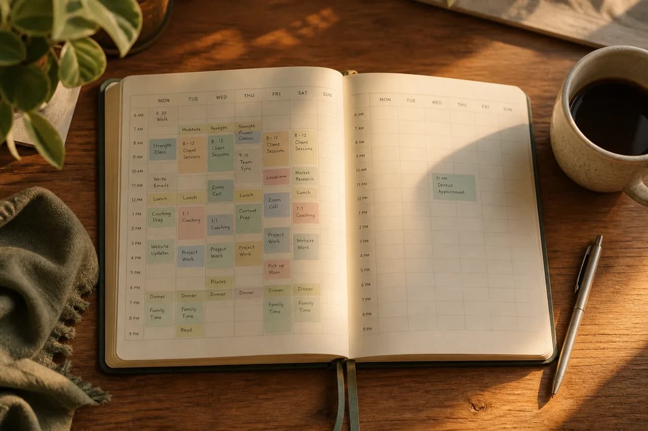 Weekly planner on a home desk showing two different weekly care schedules side by side in warm light