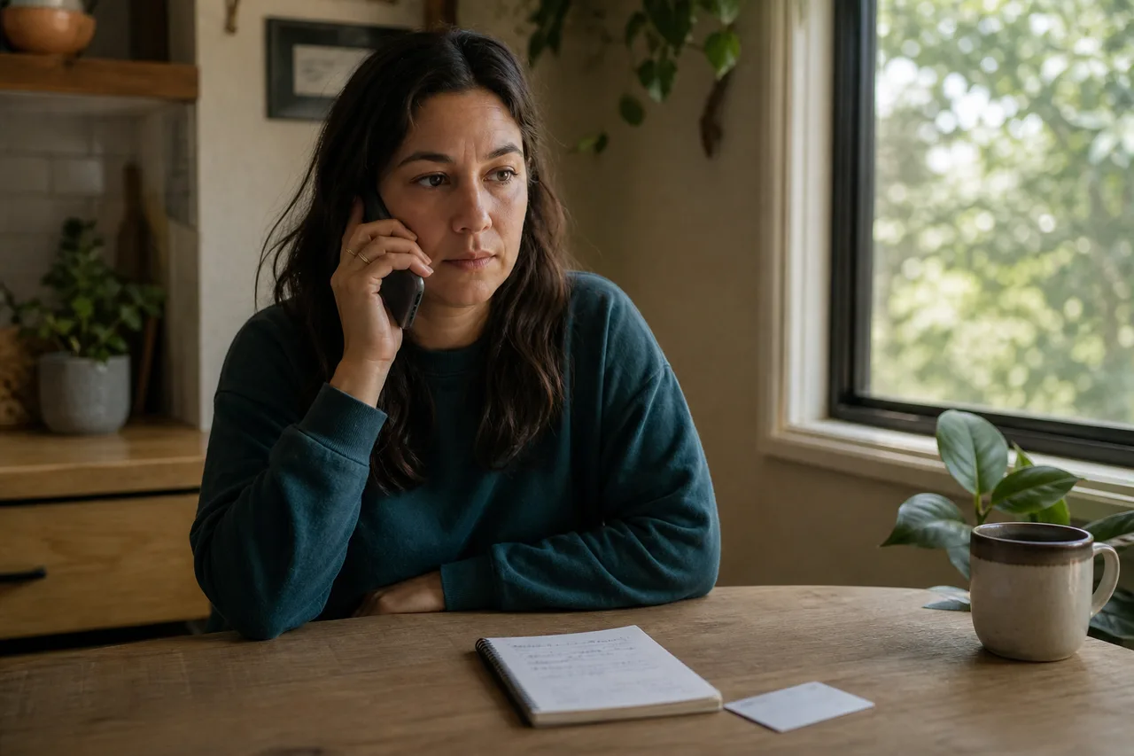 Parent on a weekday phone call at a kitchen table with a notepad and insurance card