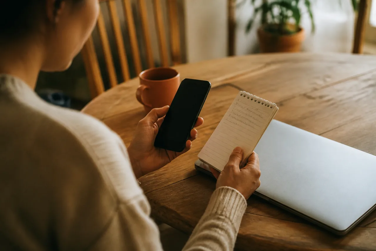 Parent holding a phone and notepad at a dining table while requesting a teen mental health appointment