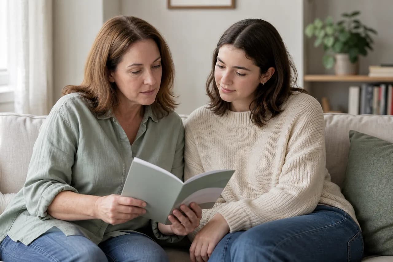 Parent reading a teen mental health treatment guide while sitting with their teenager in a supportive home setting