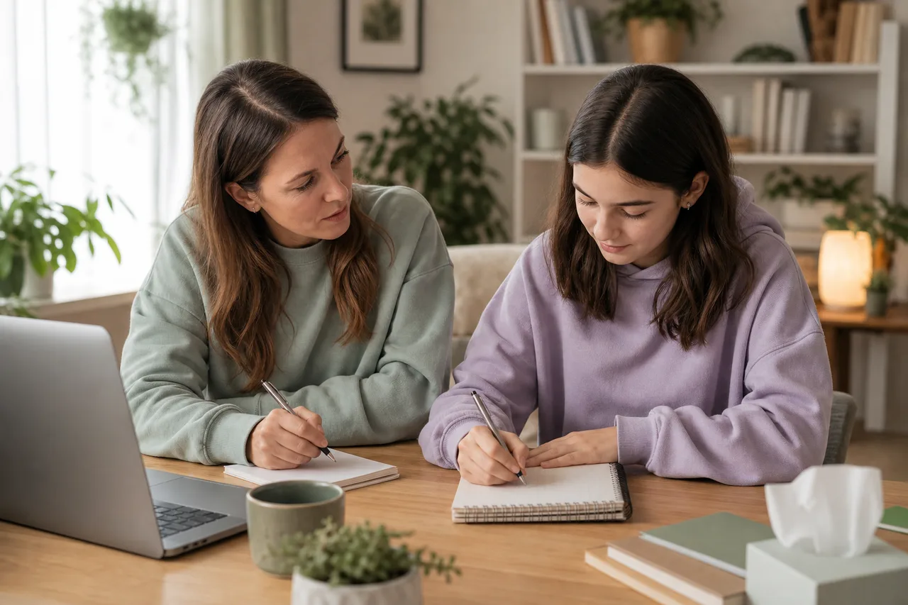 Parent and teen preparing questions before a virtual therapy consultation call