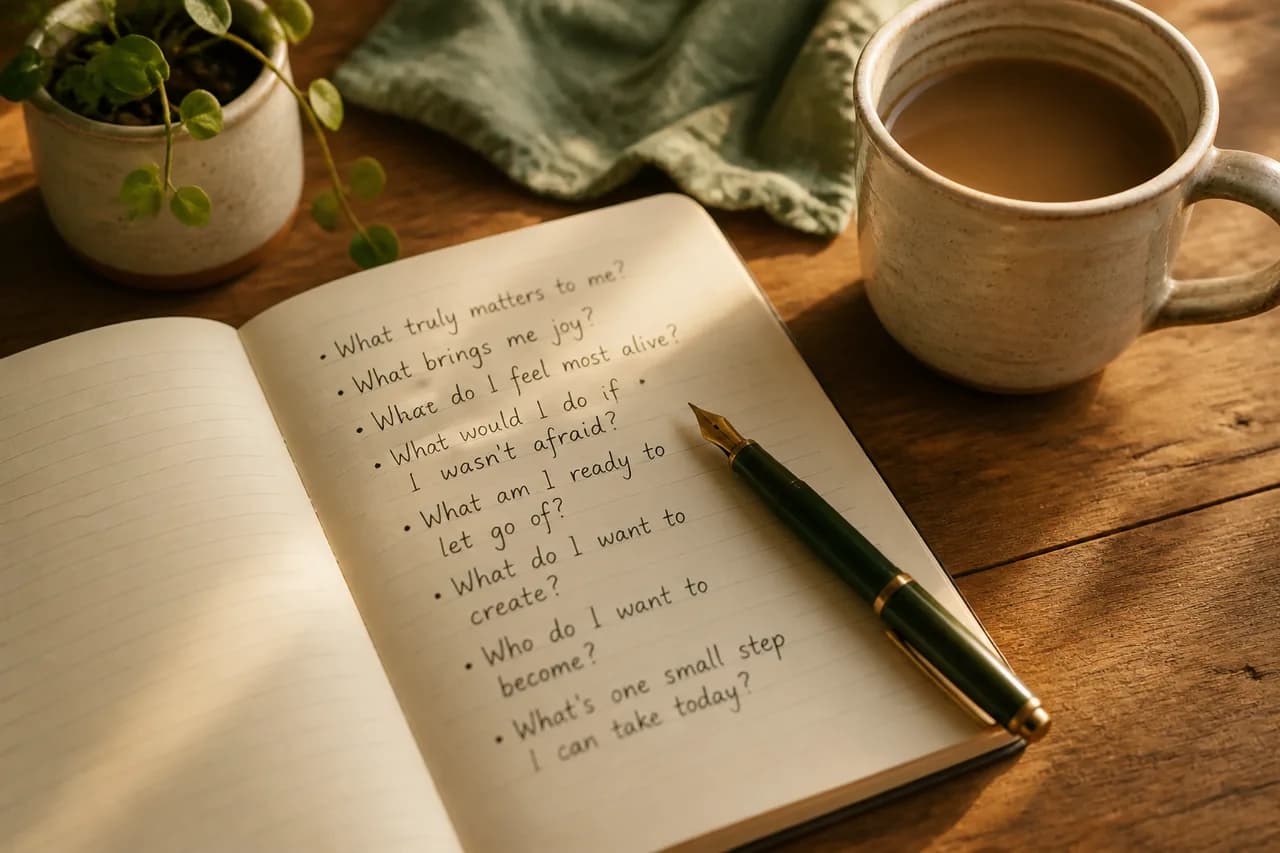 Open notebook with handwritten questions beside a pen and coffee on a wooden table