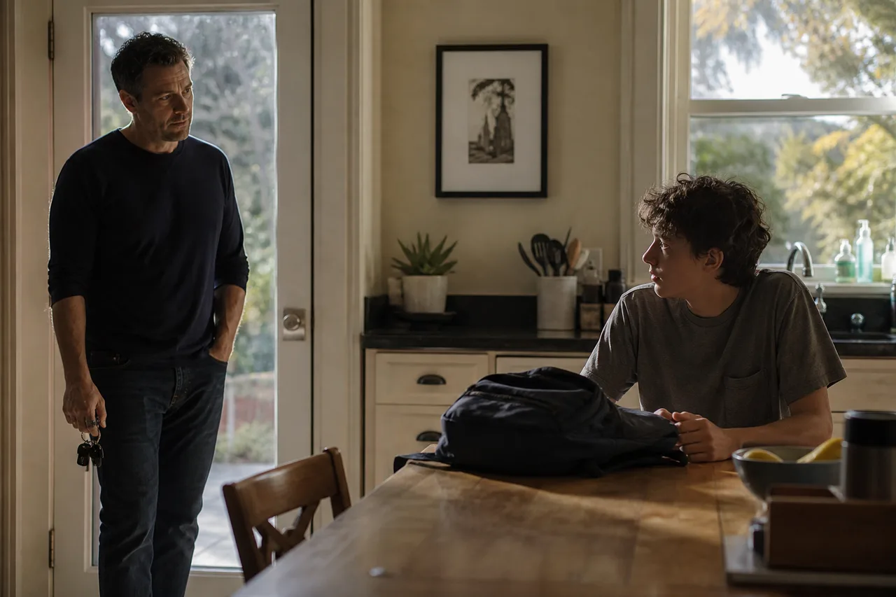 Parent paused at the door with car keys while a teen sits at the kitchen table with an unopened backpack