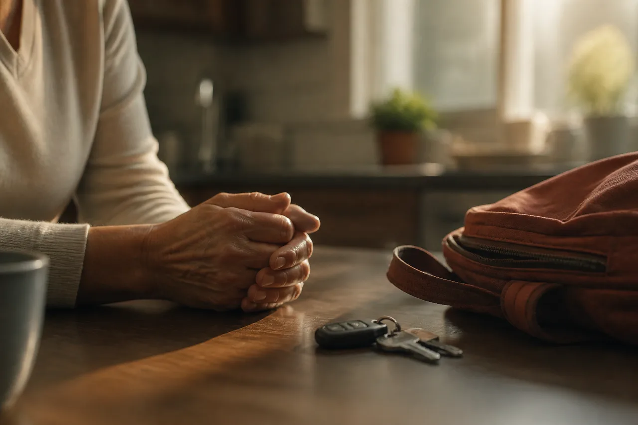 Parent's hands beside car keys and a closed backpack on a kitchen table in morning light