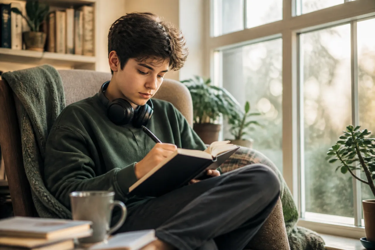 Teen sitting alone by a bedroom window in soft contemplative light