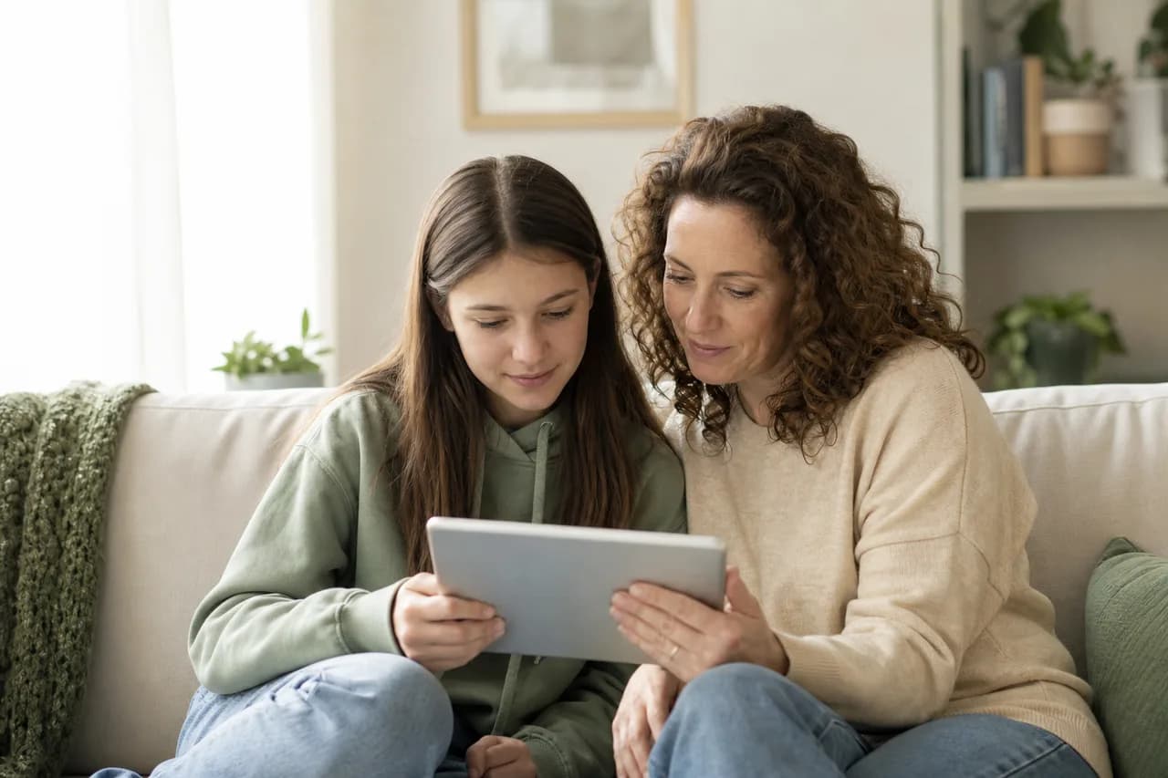 Teen and parent browsing mental health resource guides together on a tablet at home