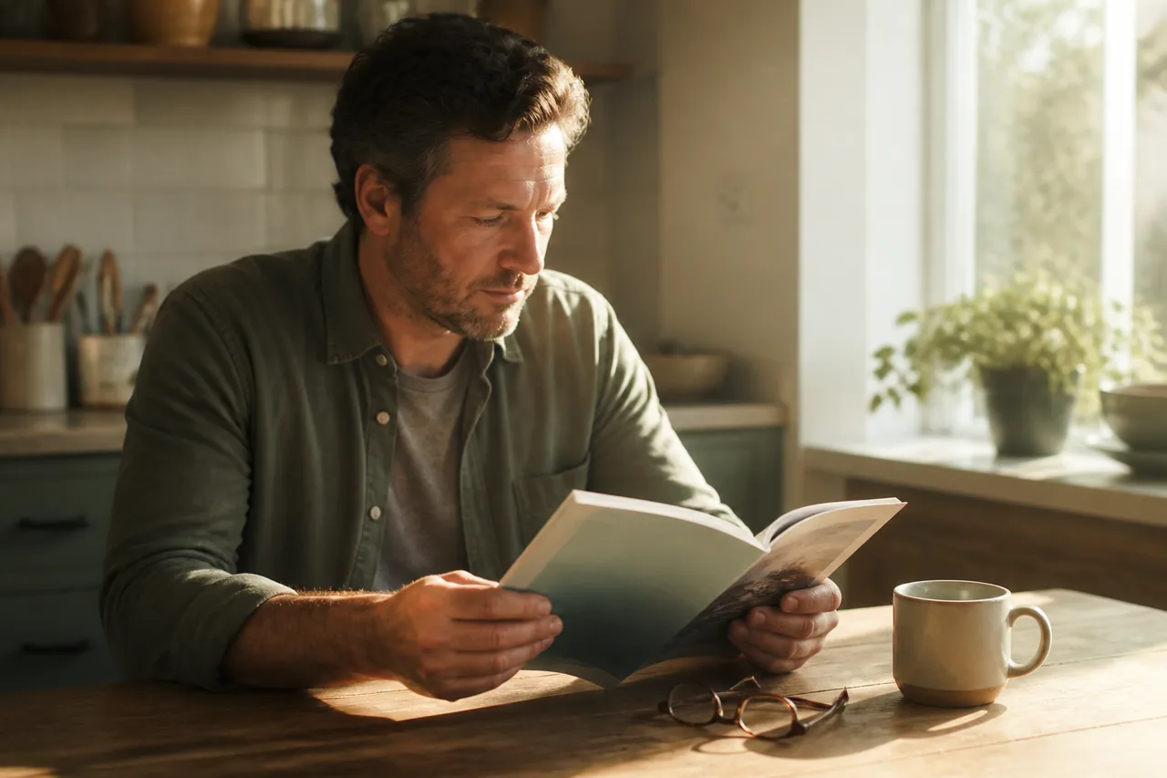Parent reading a printed teen mental health guide at a kitchen table in warm window light