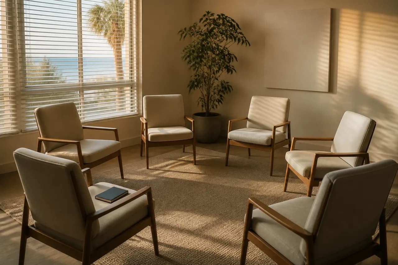 Empty group-therapy circle of chairs in late afternoon light, ready for a session
