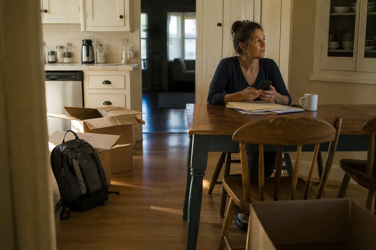 Parent at a kitchen table with moving boxes, a teen backpack, and a folder of papers