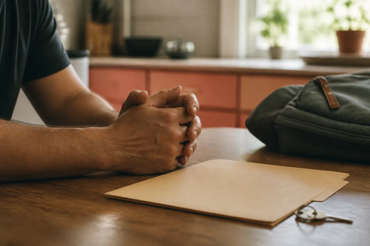 Parent's hands beside a manila folder, house key, and closed backpack on a kitchen table