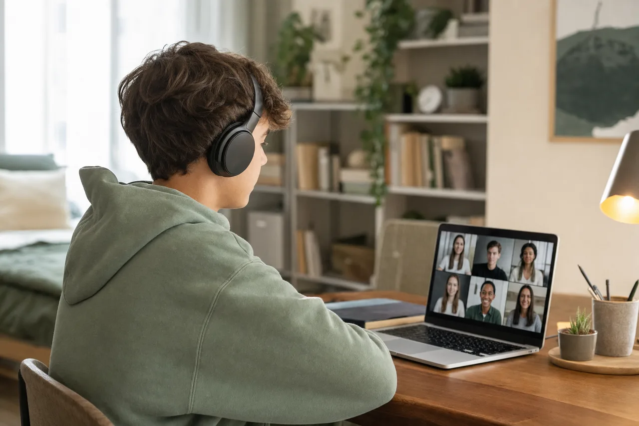 Teen participating in a structured virtual IOP group session at home with a licensed clinician