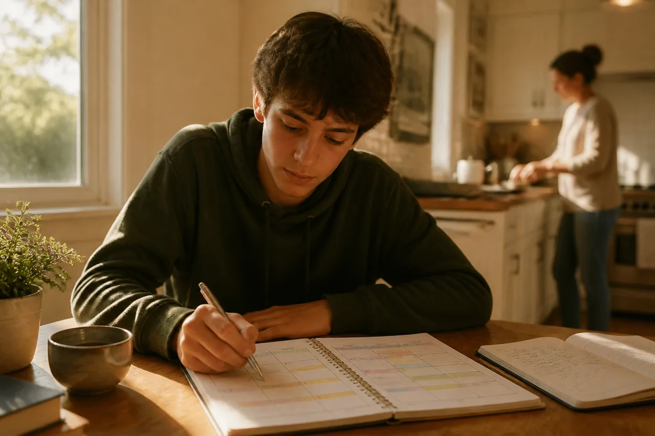 Teen reviewing a structured weekly IOP schedule at a home desk with a parent nearby