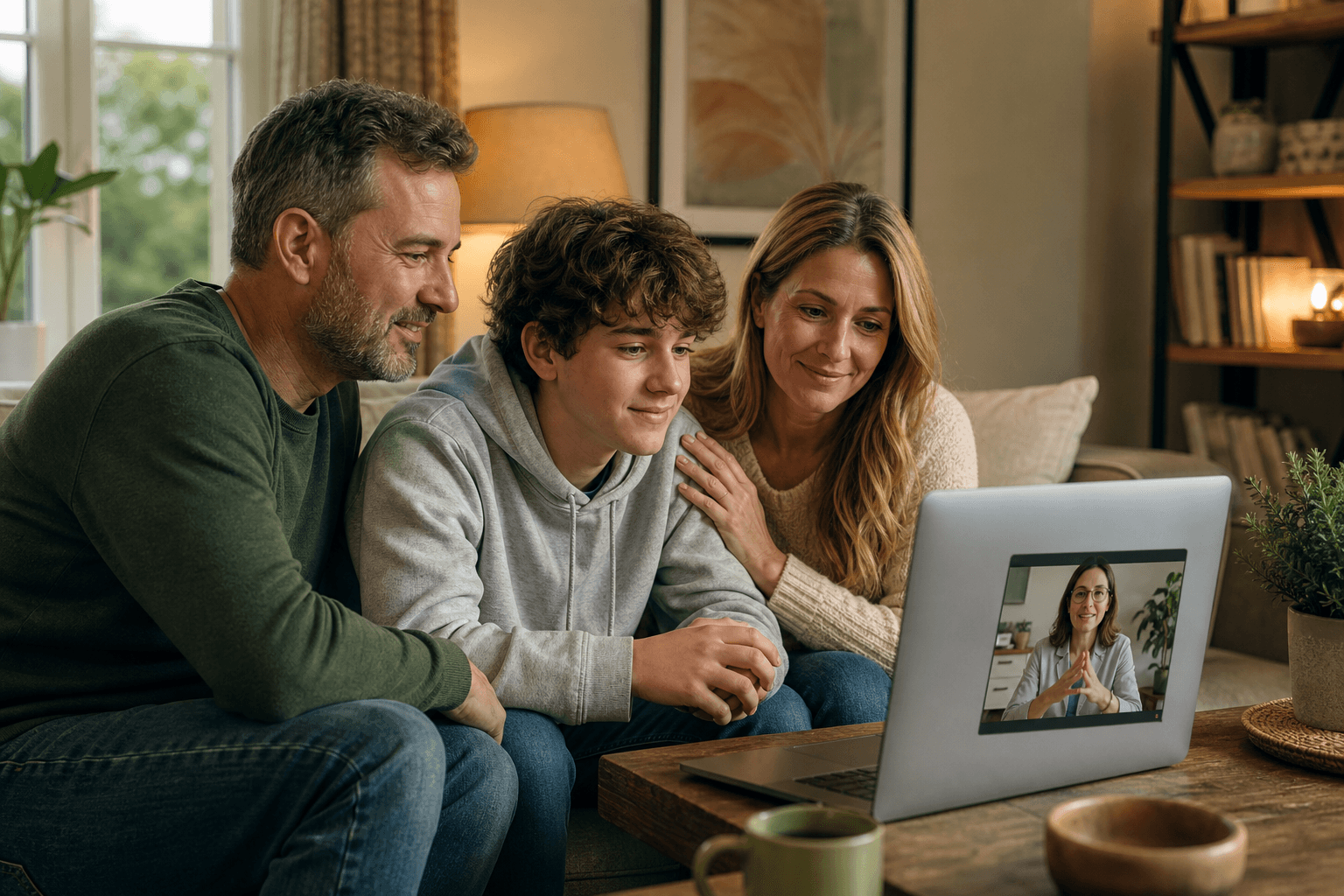 Family therapy session with teen and parents on secure video