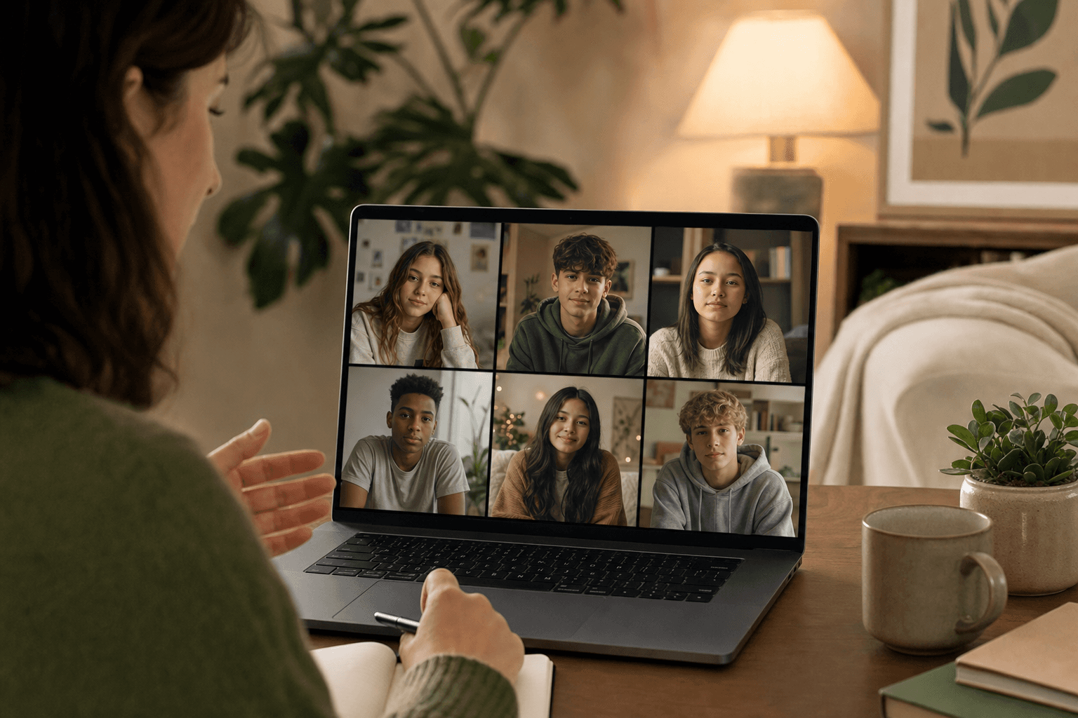 Moderated online group therapy session for teens with clinician facilitation