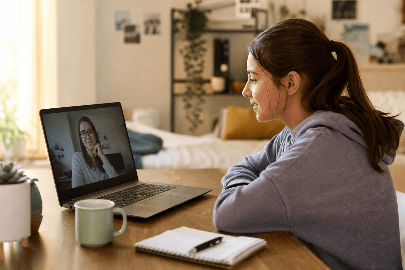Teen and clinician in a one-on-one virtual outpatient therapy session