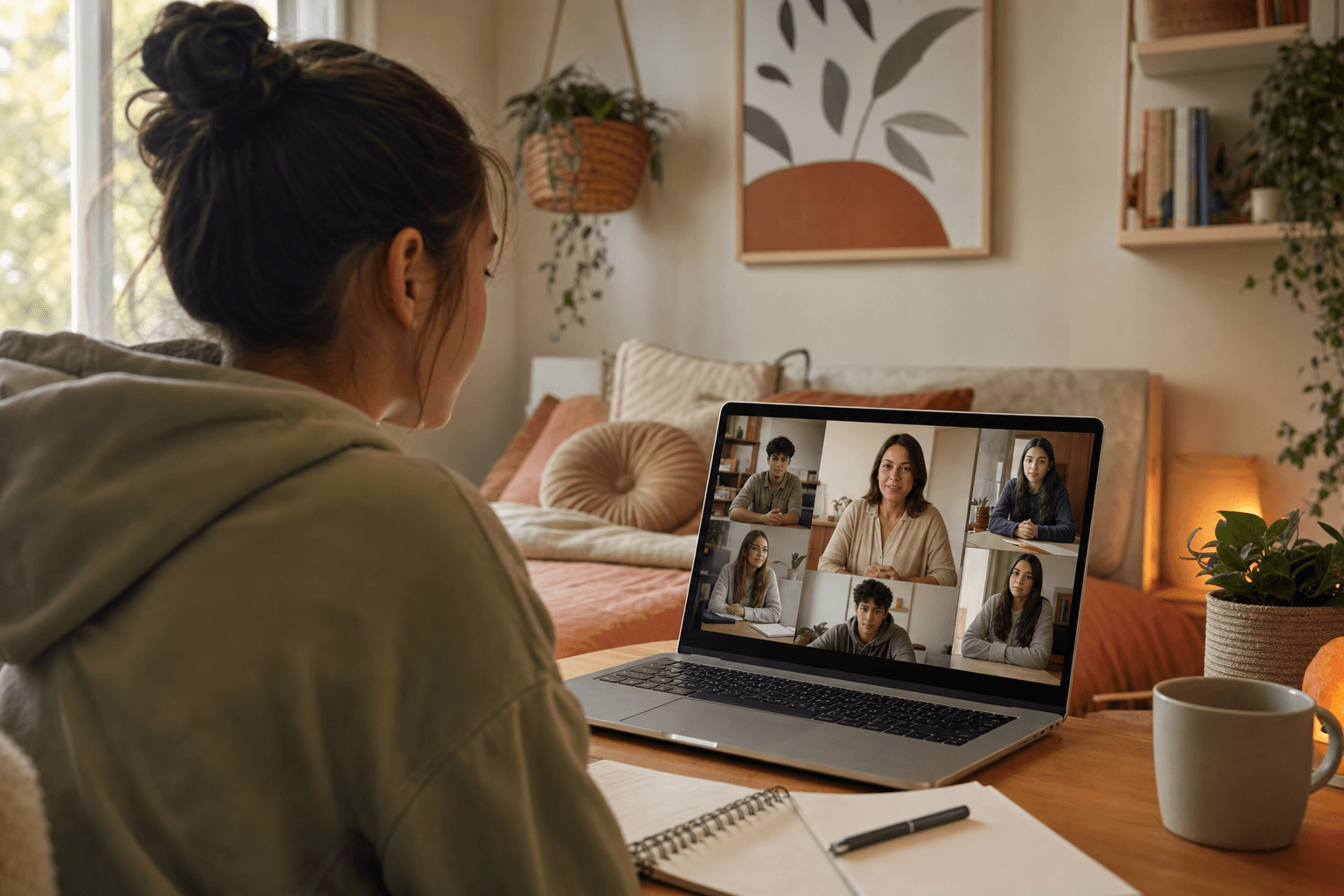 Parent and teen setting up a secure virtual IOP session on a laptop in a quiet home space