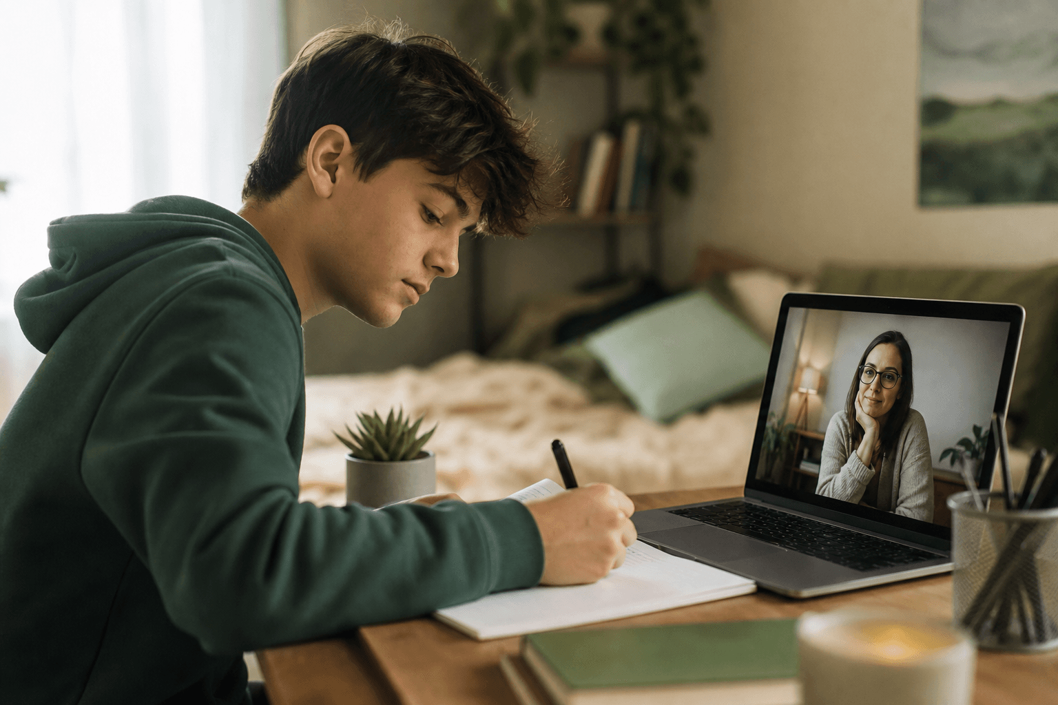 Teen writing values and committed action plan during acceptance and commitment therapy session
