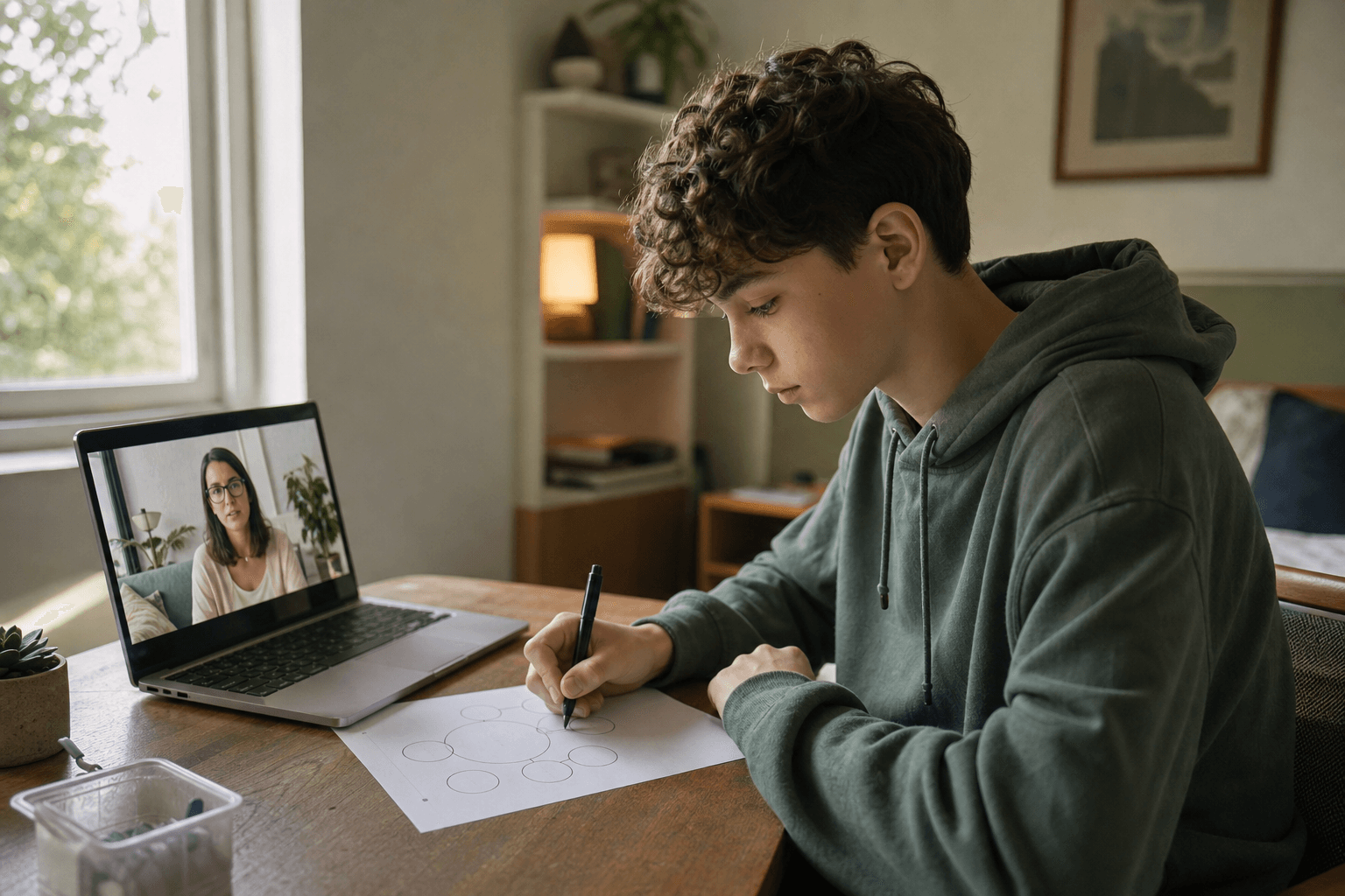 Teen completing ACT values worksheet at home during virtual acceptance and commitment therapy