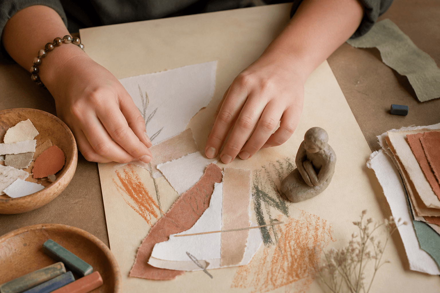 Close-up of teen art therapy materials — collage paper, pastel marks, and expressive creative work on cream paper