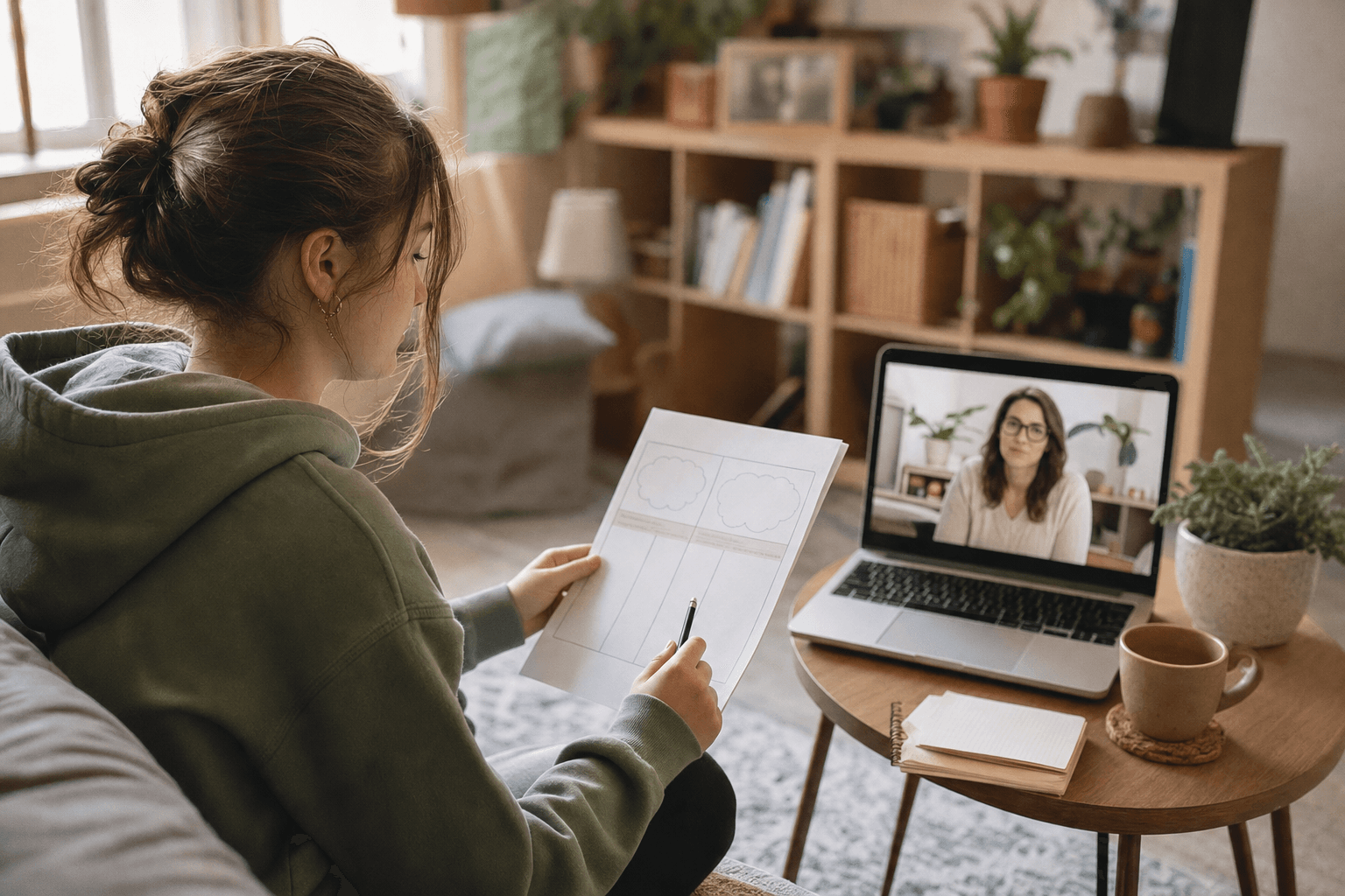 Teen reviewing CBT worksheet with thought and behavior columns during telehealth session