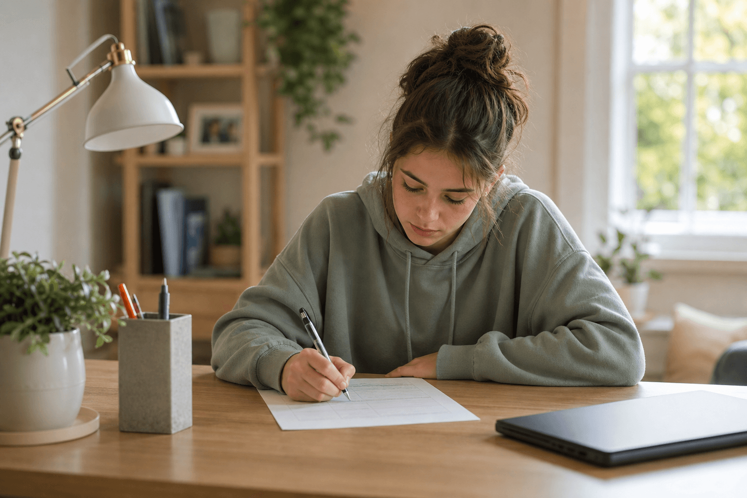 Teen completing CBT worksheet at home during virtual cognitive behavioral therapy session
