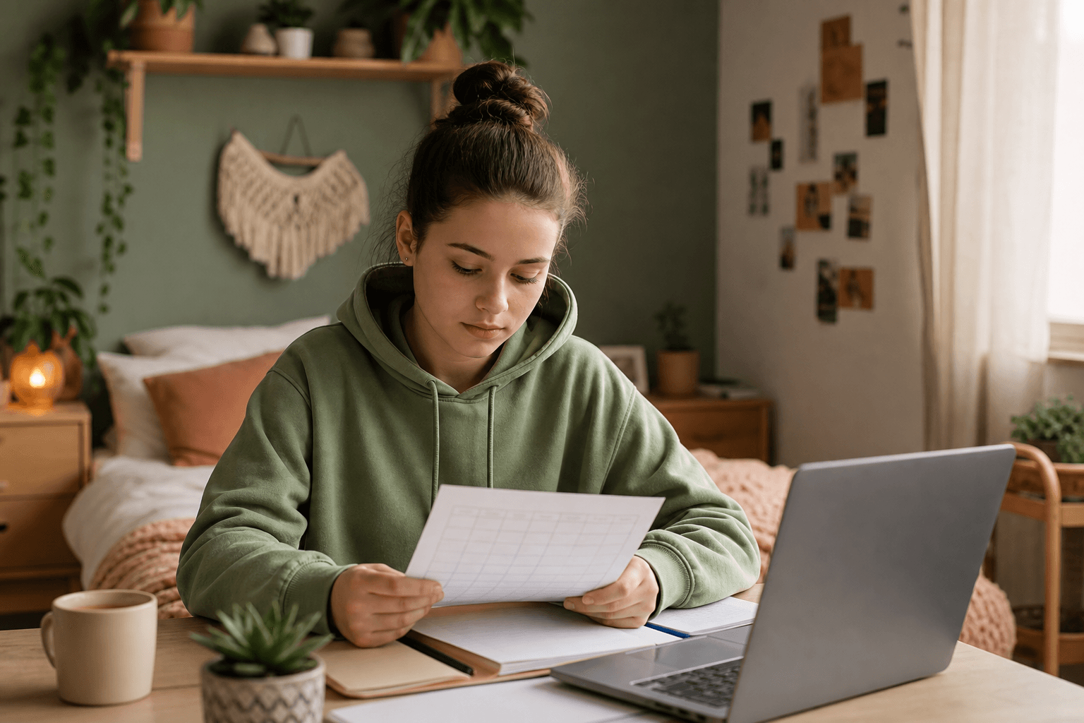 Teen reviewing DBT skills diary at home during virtual dialectical behavior therapy program