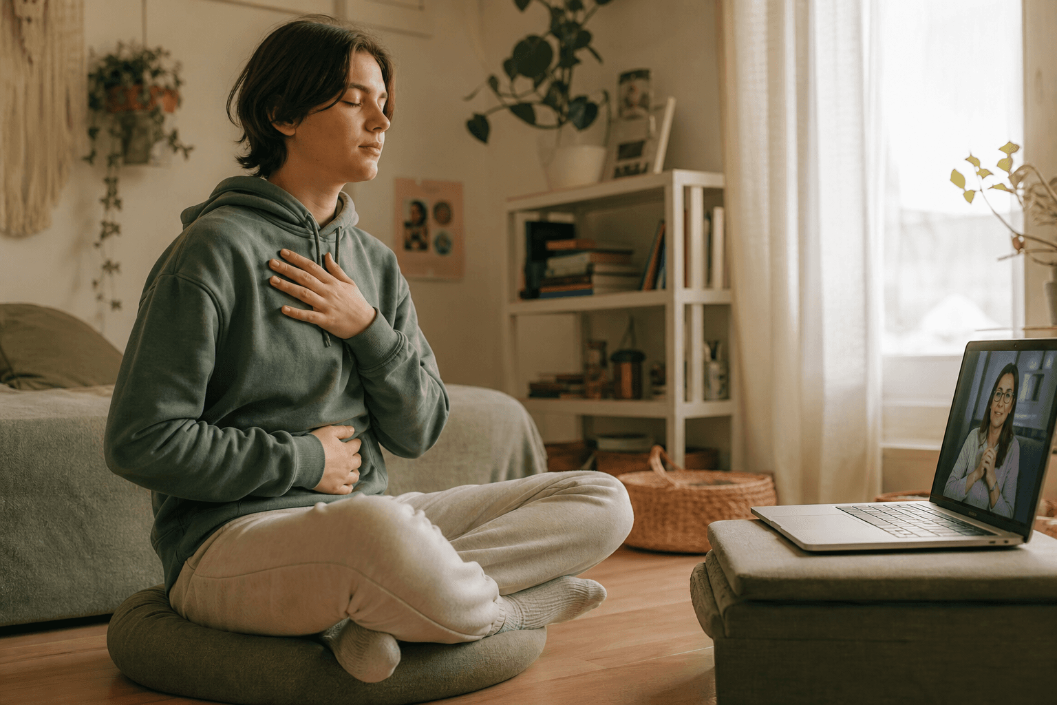 Teen doing brief mindfulness body scan exercise during telehealth therapy