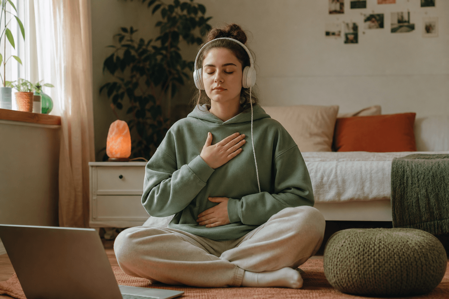 Teen with headphones practicing mindfulness breathing at home during virtual therapy program