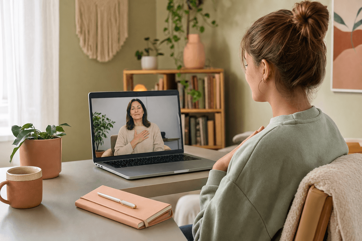 Trauma-informed therapist guiding teen through grounding exercise during virtual session
