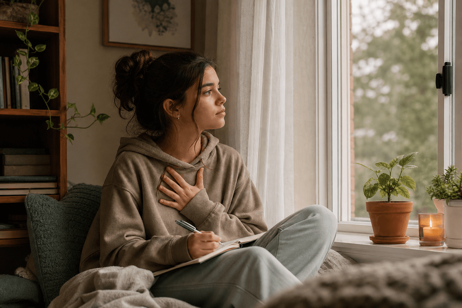 Teen using grounding techniques at home after virtual trauma therapy session